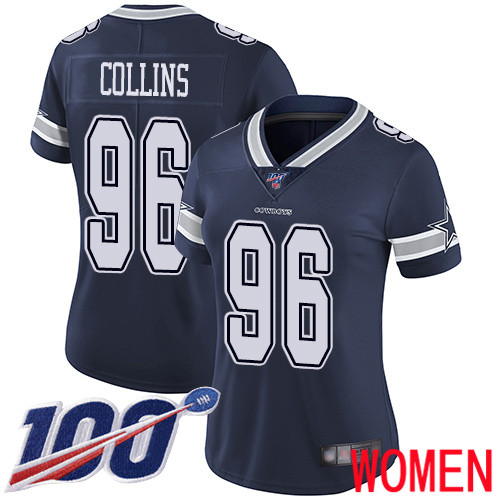 Women Dallas Cowboys Limited Navy Blue Maliek Collins Home 96 100th Season Vapor Untouchable NFL Jersey